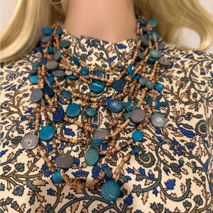 Laila Rowe Blue  and Brown Wooden Beaded Layered Necklace